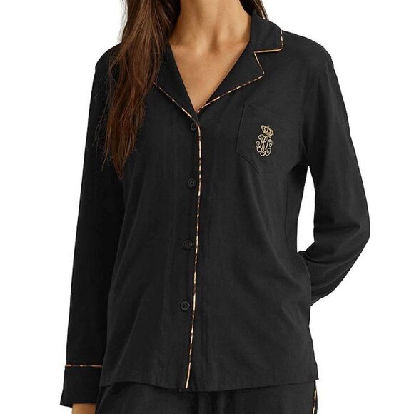 Ralph Lauren Leopard Trim Notch Collar Pajama Set - Picture 1 of 8